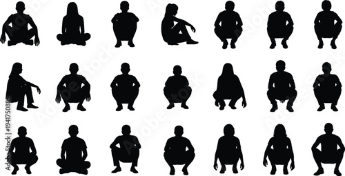 Set of People Silhouettes Featuring Men and Women in Various Sitting and Squatting Poses for Lifestyle Graphic Design and Icons