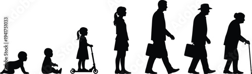 Black silhouettes set of female life cycle stages from crawling baby and little girl to adult woman and elderly person in wheelchair on white background