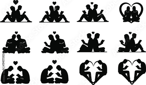 Set of romantic couple reading book silhouettes, lovers studying together with heart symbols, library and education concept icons for vector design