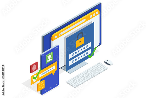 Isometric multi device security smartphone, desktop, password panels protected by biometric check. Secure authentication, account verification, private data access, cyber protection