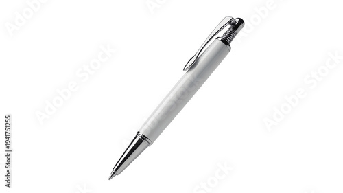 White ballpoint pen with silver accents angled diagonally with soft studio light isolated on transparent background