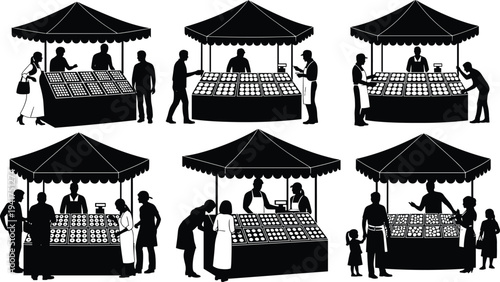 Street Market Stall Silhouette Set with Vendors and Customers Shopping at Outdoor Fair Booths for Local Business and Community Illustration