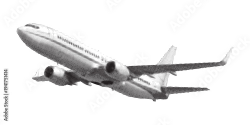Modern halftone Passenger Airplane Taking Off, Commercial Jet Airliner Ascending Against White Background, Aviation Travel Concept