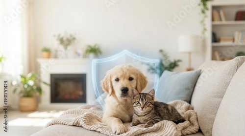 Happy puppy and kitten cuddling together on sofa in cozy living room  