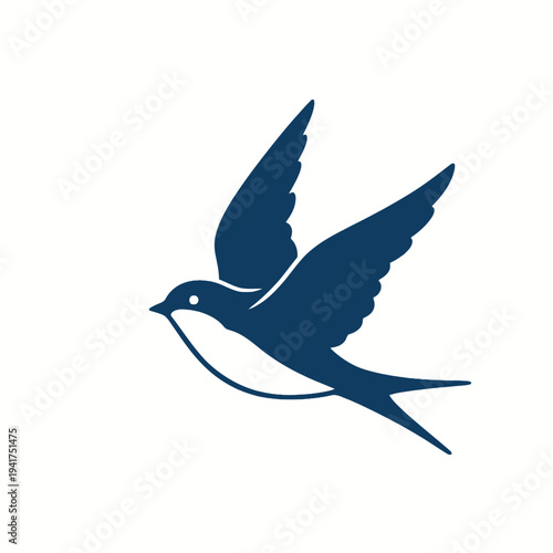 A minimalist, dark blue silhouette of a spring bird in flight against a clean white background, conveying a sense of freedom and simplicity.