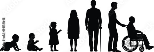 Black silhouettes set of human life cycle stages from crawling baby and sitting child to adult man and elderly person in wheelchair on white background
