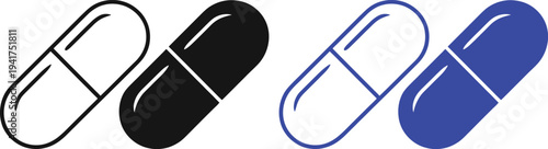 Two contrasting pill capsules illustrated in black and blue outline styles.