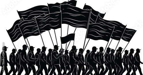 Marching people silhouette illustration vector collective unity activism protest rally design graphics, waving flags concept, black and white creative art collection