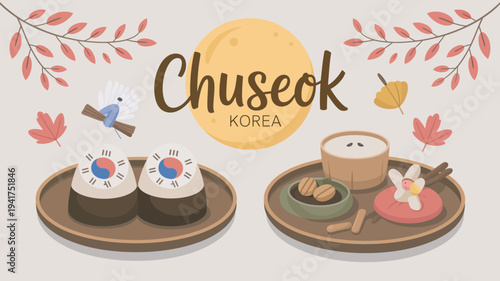 A vibrant illustration of traditional Korean food and symbols celebrating Chuseok, the Korean harvest festival, with colorful leaves and a bird.