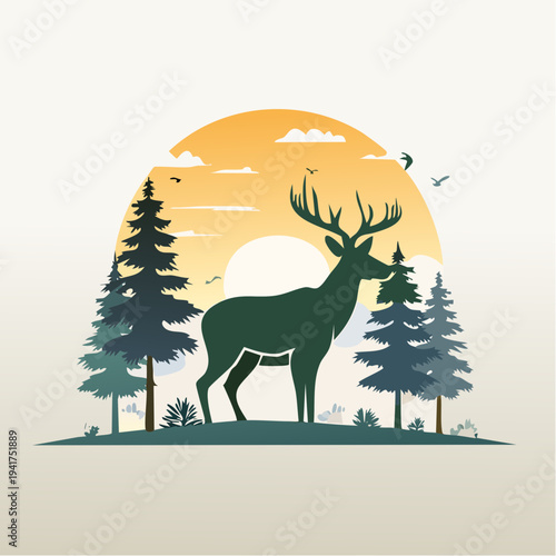 Majestic stag silhouette standing gracefully in a serene pine forest landscape at a vibrant sunset, embodying wilderness beauty