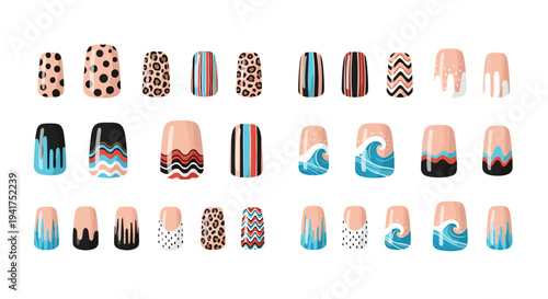 Set of diverse artificial nail art designs featuring patterns like leopard print, polka dots, waves, and geometric stripes on a white background.