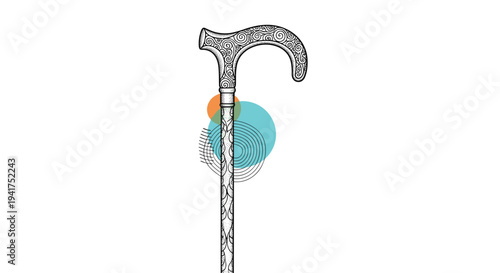 Detailed vintage walking cane illustration with intricate swirl patterns and colorful geometric shapes in the background for a modern look.