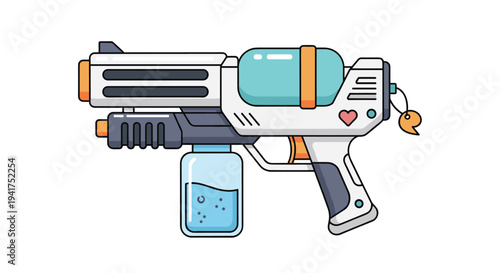 Colorful toy water blaster gun with water tanks and heart detail in a flat vector style for summer fun and play activities for children.