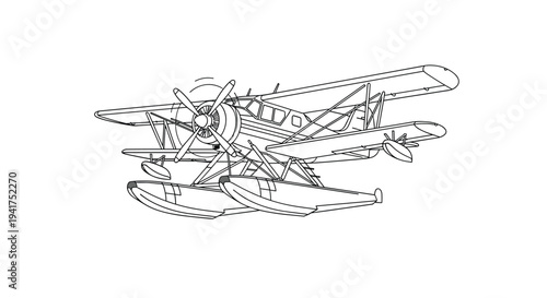 Black and white line art illustration of a vintage biplane seaplane with floats for water takeoff and landing on a transparent background.