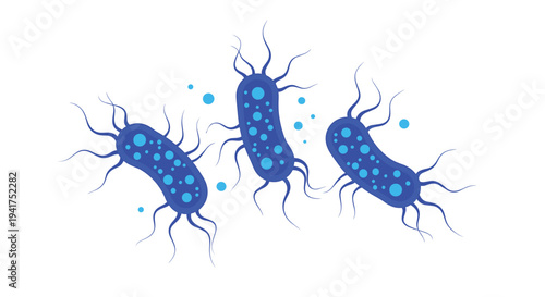 Illustration of microscopic bacteria or germs with flagella in shades of blue representing biological or medical research and hygiene.