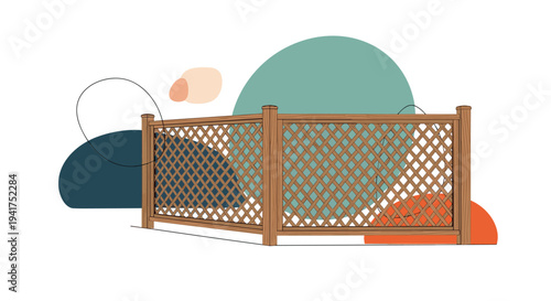 Outdoor wooden lattice fence panel against a background of colorful abstract shapes and nature elements for garden design concepts.