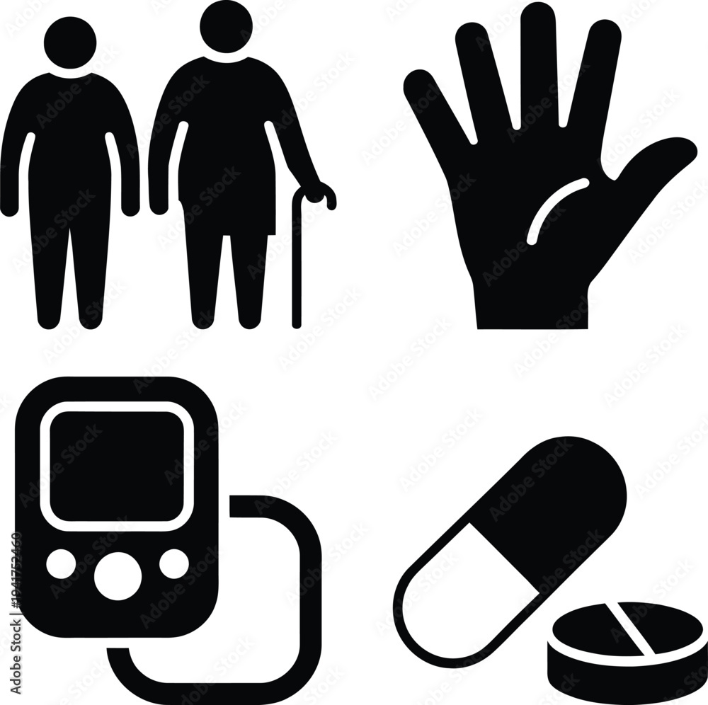 Fototapeta premium Healthcare icons depicting medical care, diabetes management, and medication.