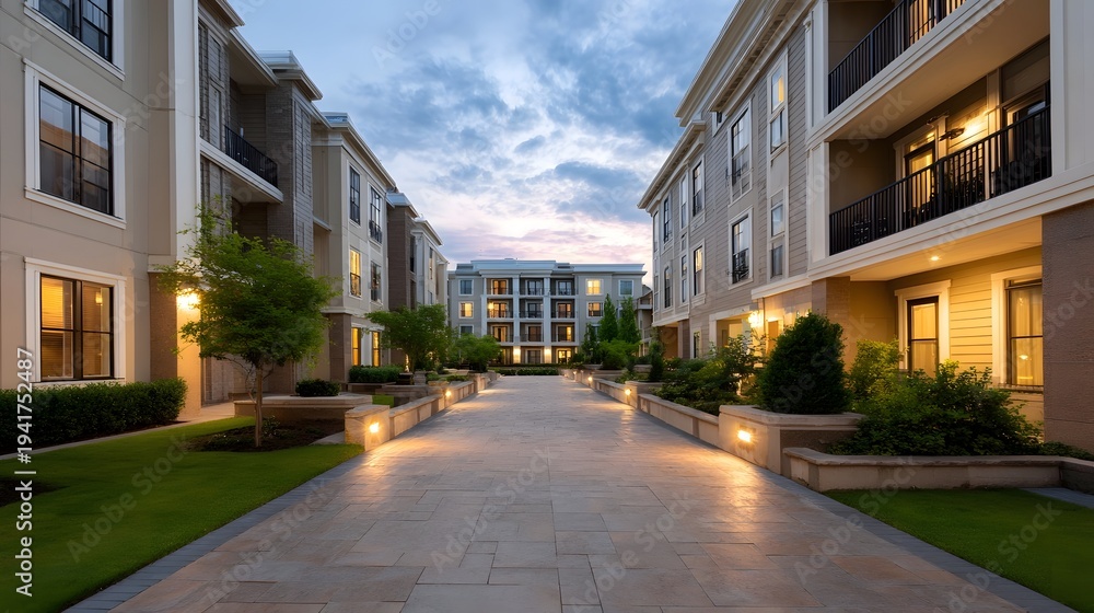 Fototapeta premium An elegant and modern residential development at dusk showcasing illuminated walkways manicured greenery and inviting architectural facades