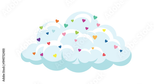 Large soft blue cloud filled with numerous small colorful heart shapes representing love, caring, and positive emotions in a dreamy style.