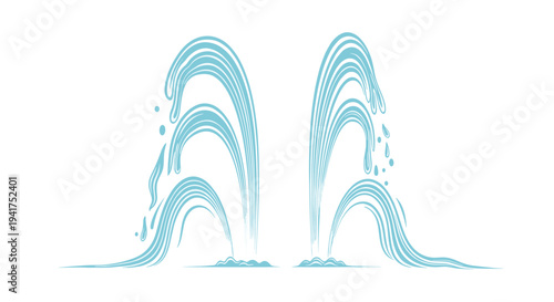 Stylized light blue water fountain splash or spray in two symmetric parts for park design and public space conceptual illustrations.