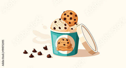 Tempting tub of chocolate chip cookie dough ice cream with extra chocolate chips scattered around for dessert and snack concepts.