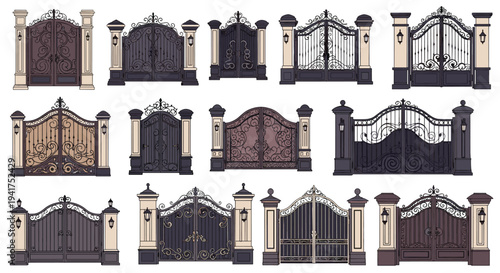 Collection of ornate wrought iron entrance gates with stone pillars and decorative lanterns for luxury home or garden.