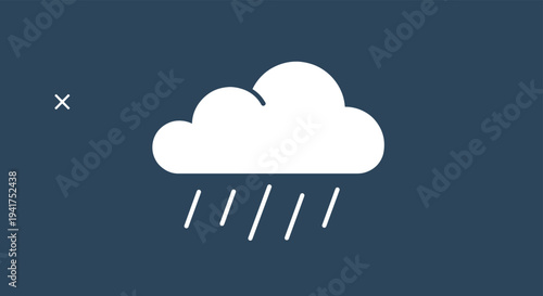 Flat white rain cloud icon with raindrops and a small cross mark on a dark blue background for weather forecasting.