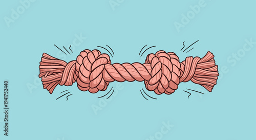 Pink cotton dog toy rope with two sturdy knots showing motion lines and vibrations on a solid light blue background.