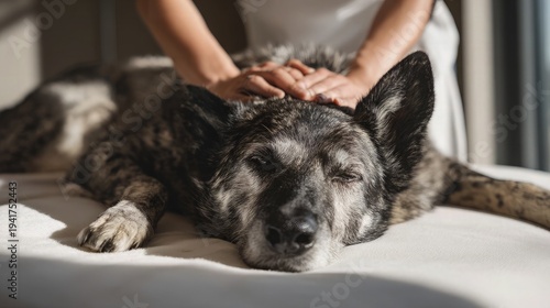 Wallpaper Mural Senior mixed breed dog receiving gentle back massage from female pet therapist on white couch in sunlit home interior, concept of animal care and relaxation Torontodigital.ca