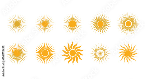 Set of ten unique yellow and orange sun symbols with various artistic rays and designs for weather and solar concepts.