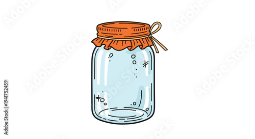 Clear glass mason jar illustration with a decorative orange fabric lid cover tied with a simple string on white background.