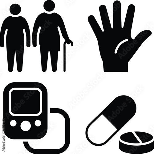 Healthcare icons depicting medical care, diabetes management, and medication.