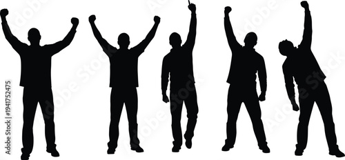 Black silhouettes set of many young men standing and raising hands in celebration and victory isolated on white background for success and achievement concepts