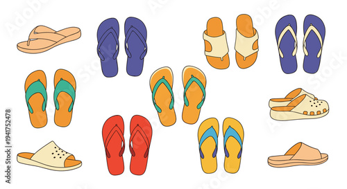 Large collection of colorful flip-flops and slip-on sandals in various styles and shades for summer and beach wear.