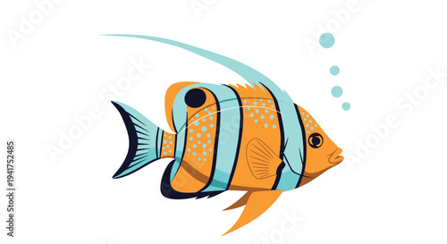 Vibrant orange and blue tropical angelfish with white spots and a long dorsal fin swimming in water with bubbles.