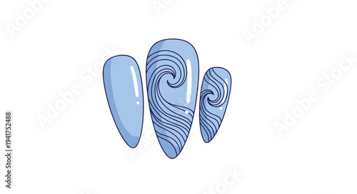 Three long blue fingernails featuring artistic dark blue swirling wave patterns and white highlights on a white background.