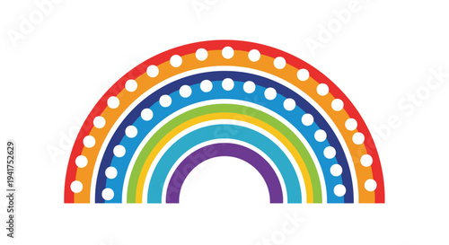 Vibrant multi-colored rainbow arc featuring white decorative dots on several layers on a plain white background.