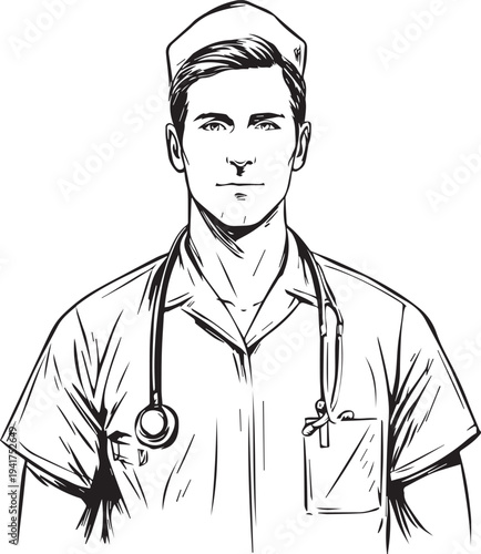 Wallpaper Mural Hand Drawn Man as Nurse Black and White Avatar Illustration in Minimal Line Art Style Design Torontodigital.ca