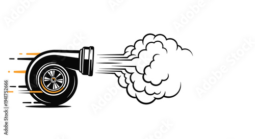 Stylized black car turbocharger icon with orange speed lines and a large white smoke puff on white background.