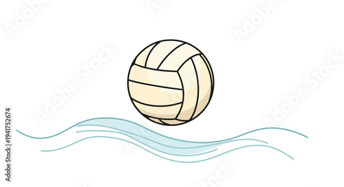 White and beige leather volleyball floating gracefully above a gentle blue water wave illustration on white background.