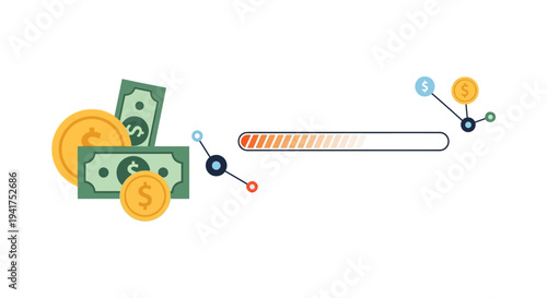 Financial Progress Bar Concept. Money Transfer, Investment Growth Loading Status, and Modern Fintech Network Illustration.