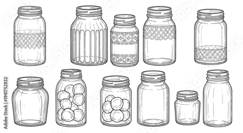 Collection of ten different glass jar sketches in various shapes and sizes are arranged in two rows in a clean line art style.