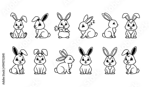 Cute black and white bunny rabbits cartoon vector set with different poses animal characters