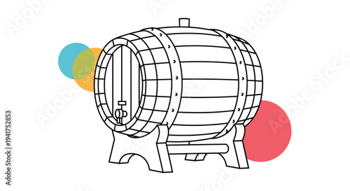 Wooden wine barrel rests on a simple stand with colorful translucent circles in the background in a stylized vector design.