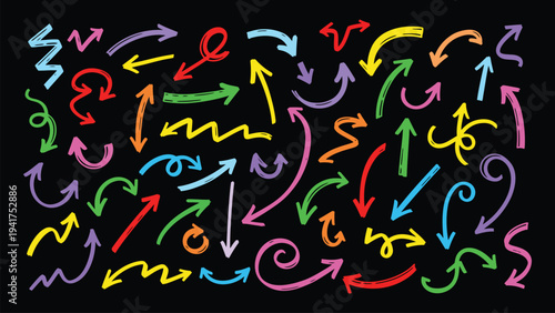 A colorful array of arrows on a black background