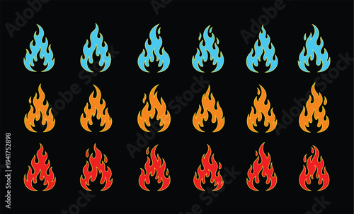 A collection of colorful flame icons in blue orange and red hues