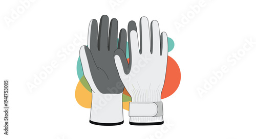 Pair of light grey and white work gloves are displayed against an abstract background of colorful translucent circular shapes.
