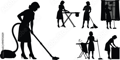 Black silhouettes set of professional housewives performing various domestic chores including vacuuming ironing sweeping and cleaning windows isolated on white background for housekeeping concepts