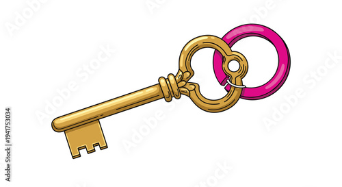 Antique golden skeleton key with ornate details is attached to a vibrant pink ring in a clean vector illustration for security.