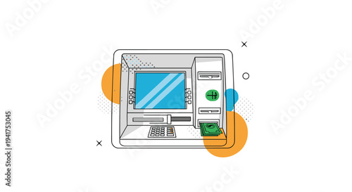 Automated teller machine or ATM illustration shows cash being dispensed with colorful abstract shapes in the background design.